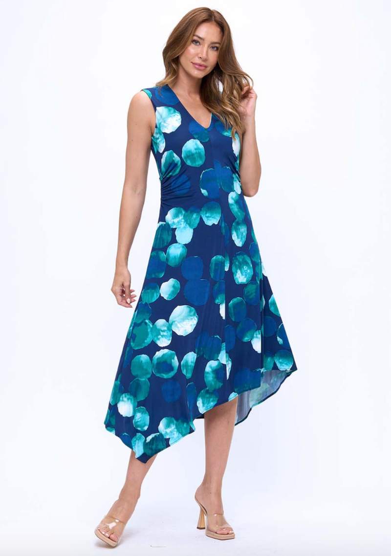 Polka Dot Asymmetrical Ruching V-Neck Dress