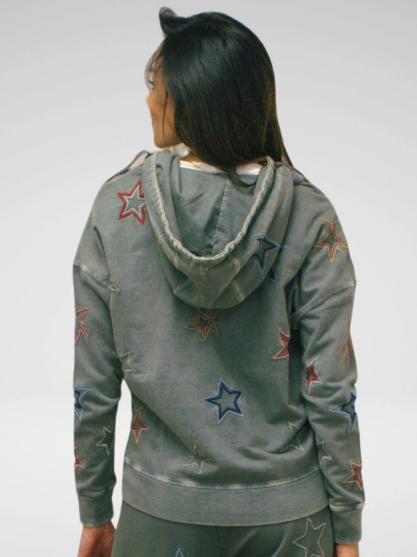 Dark Grey Star Embroidered Zip Jacket