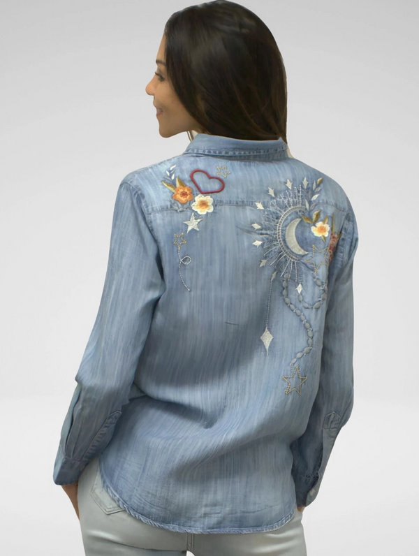 Lunar Floral Embroidered Denim Top
