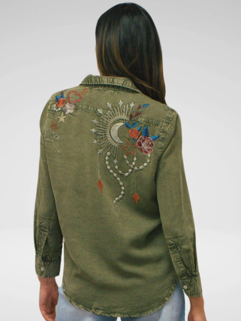 Lunar Green Embroidered Denim Top