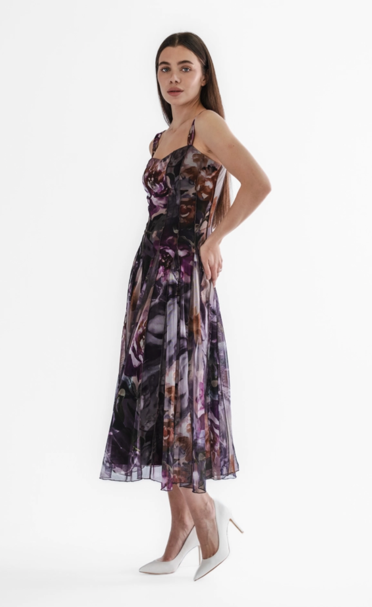 Purple Floral Tea Length Paneled Dress
