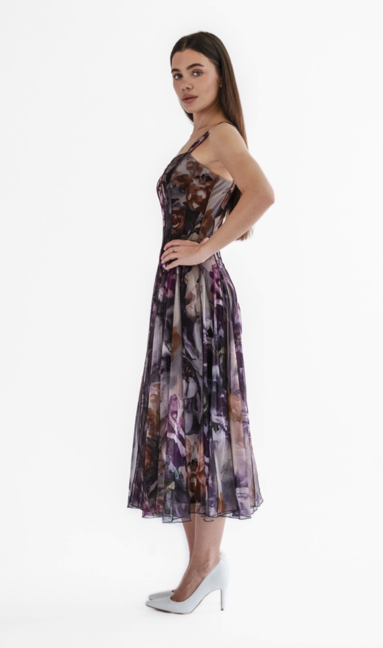 Purple Floral Tea Length Paneled Dress