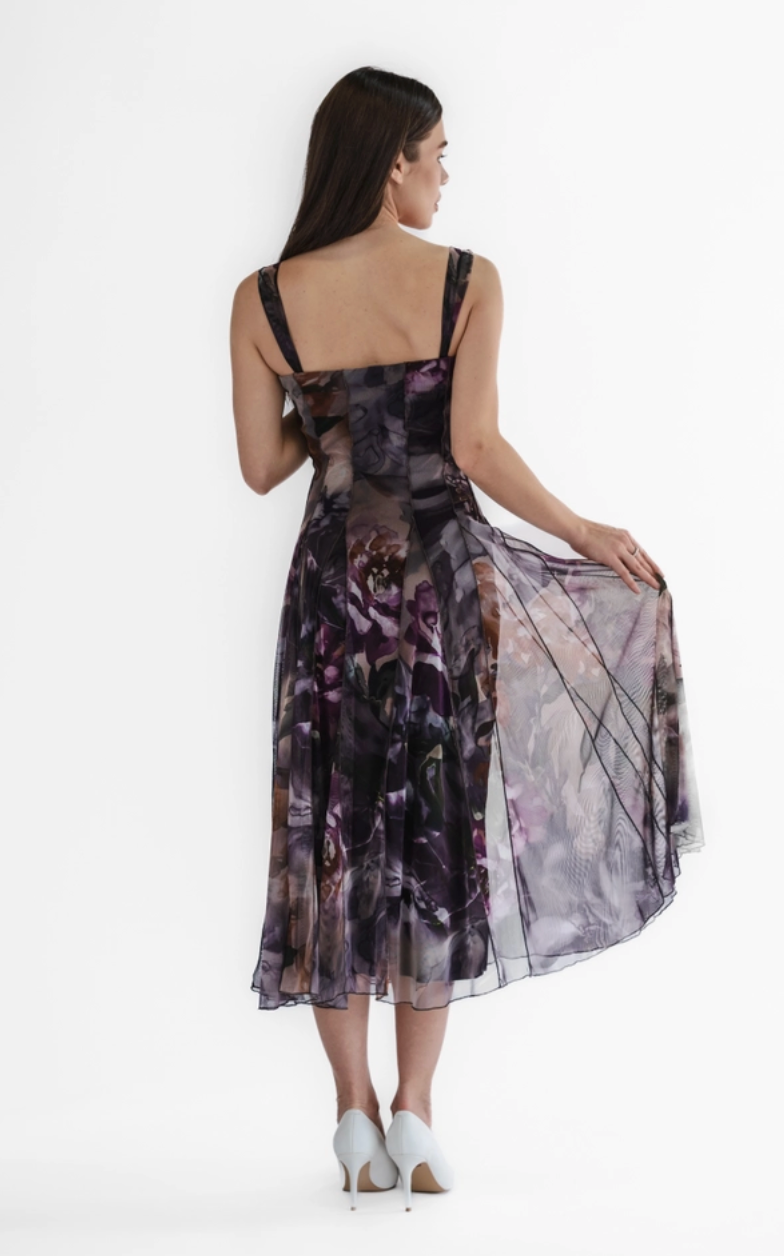 Purple Floral Tea Length Paneled Dress