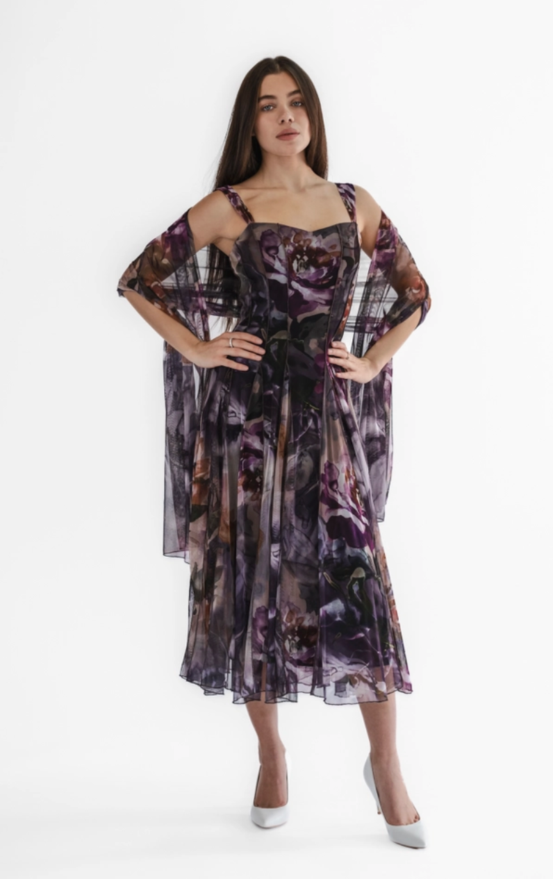 Purple Floral Tea Length Paneled Dress