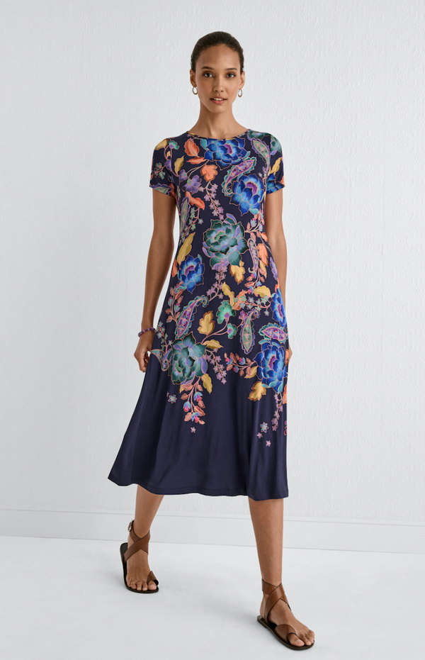 Floral Boat Neck Cap Sleeve Dress