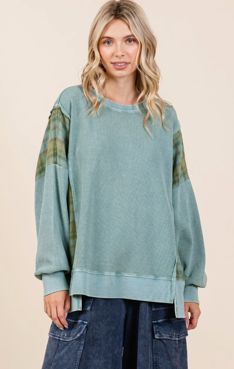 Sea Blue Plaid Panel French Terry Top