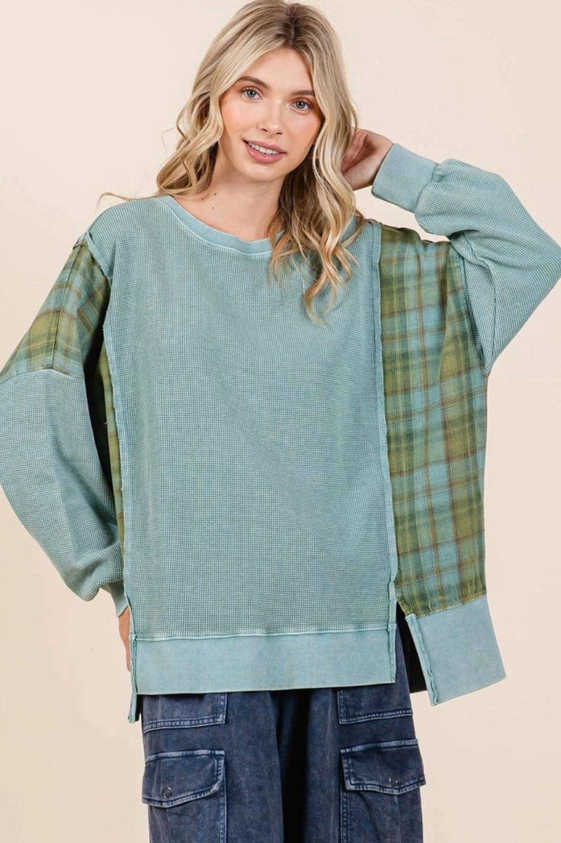Sea Blue Plaid Panel French Terry Top
