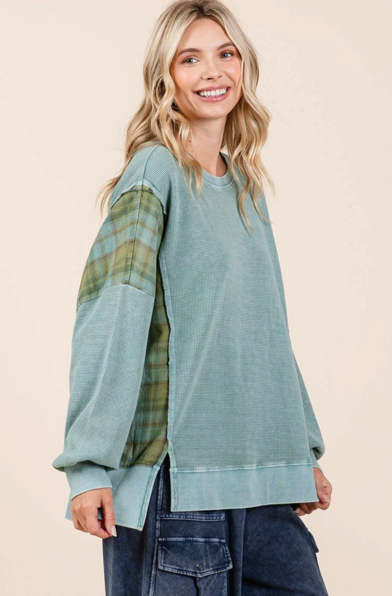 Sea Blue Plaid Panel French Terry Top