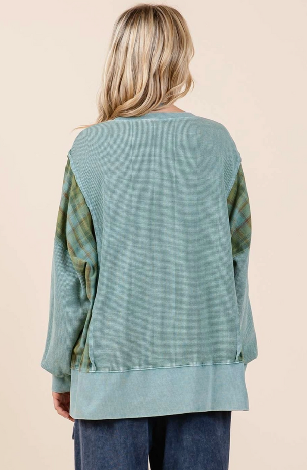 Sea Blue Plaid Panel French Terry Top