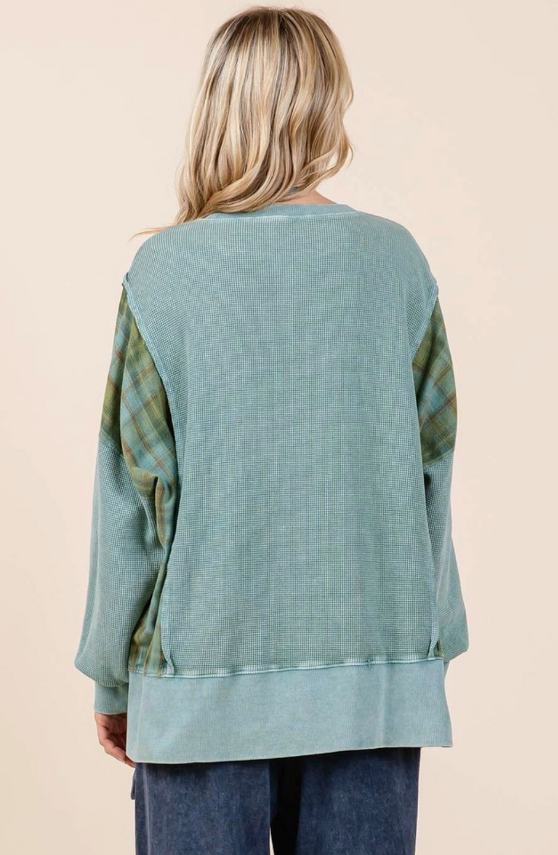 Sea Blue Plaid Panel French Terry Top