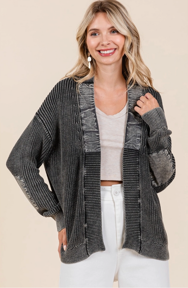Charcoal Mineral Wash Patch Cardigan