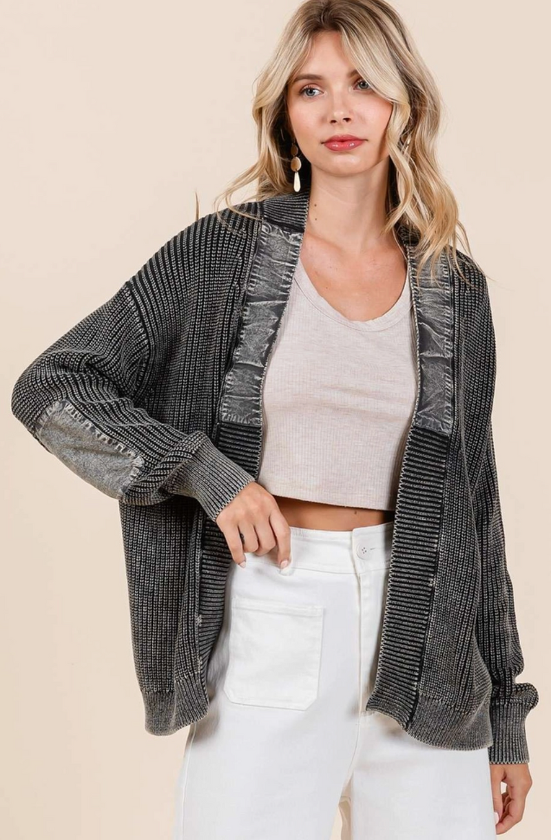 Charcoal Mineral Wash Patch Cardigan