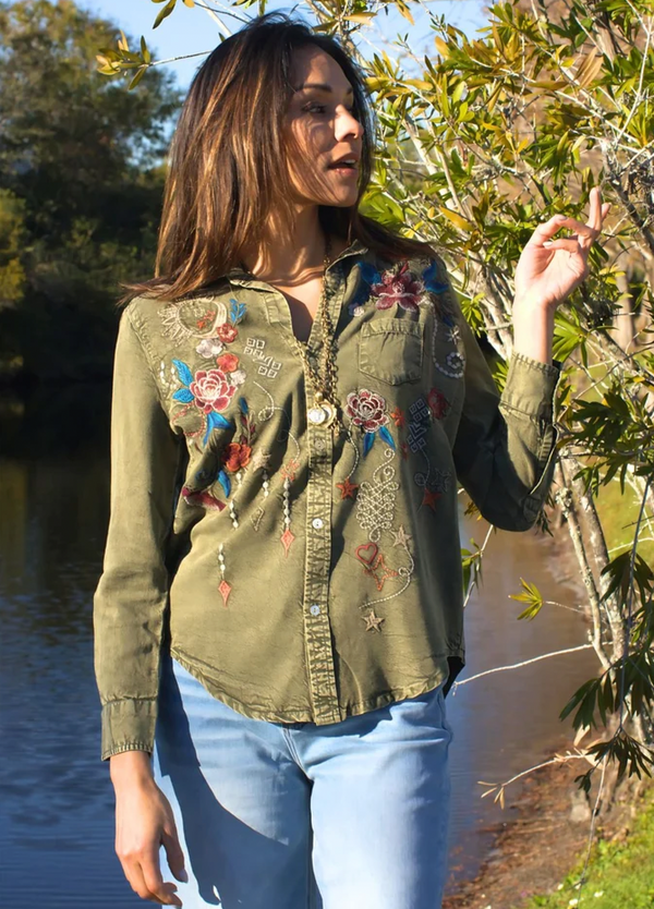 Lunar Green Embroidered Denim Top
