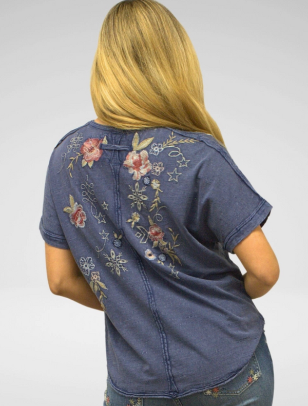 Washed Blue Embroidered Seam Top