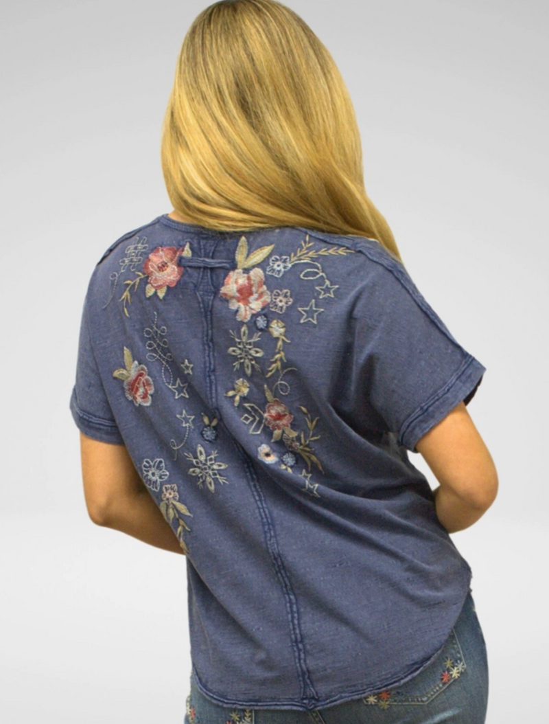 Washed Blue Embroidered Seam Top