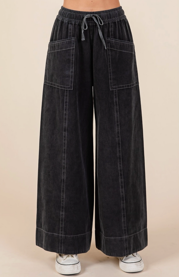 Black Mineral Wash Wide Leg Twill Pant
