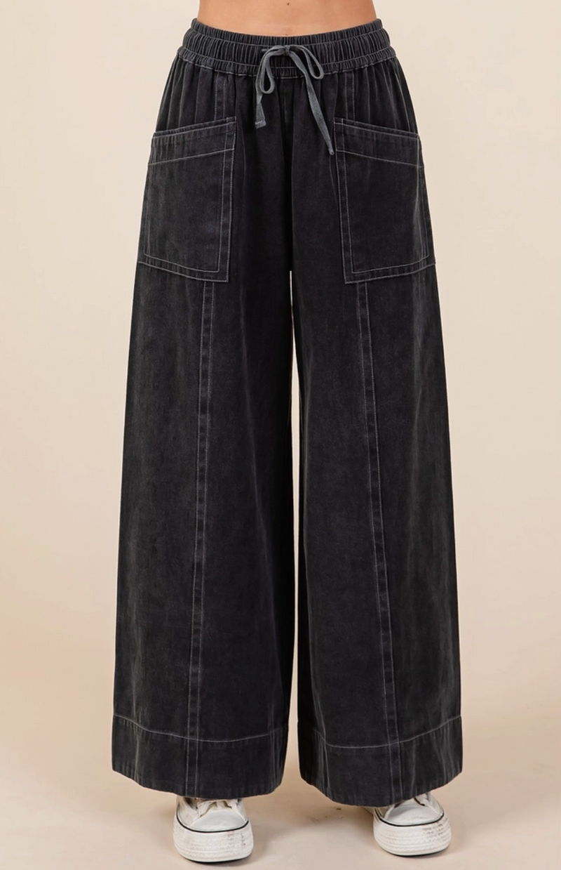 Black Mineral Wash Wide Leg Twill Pant