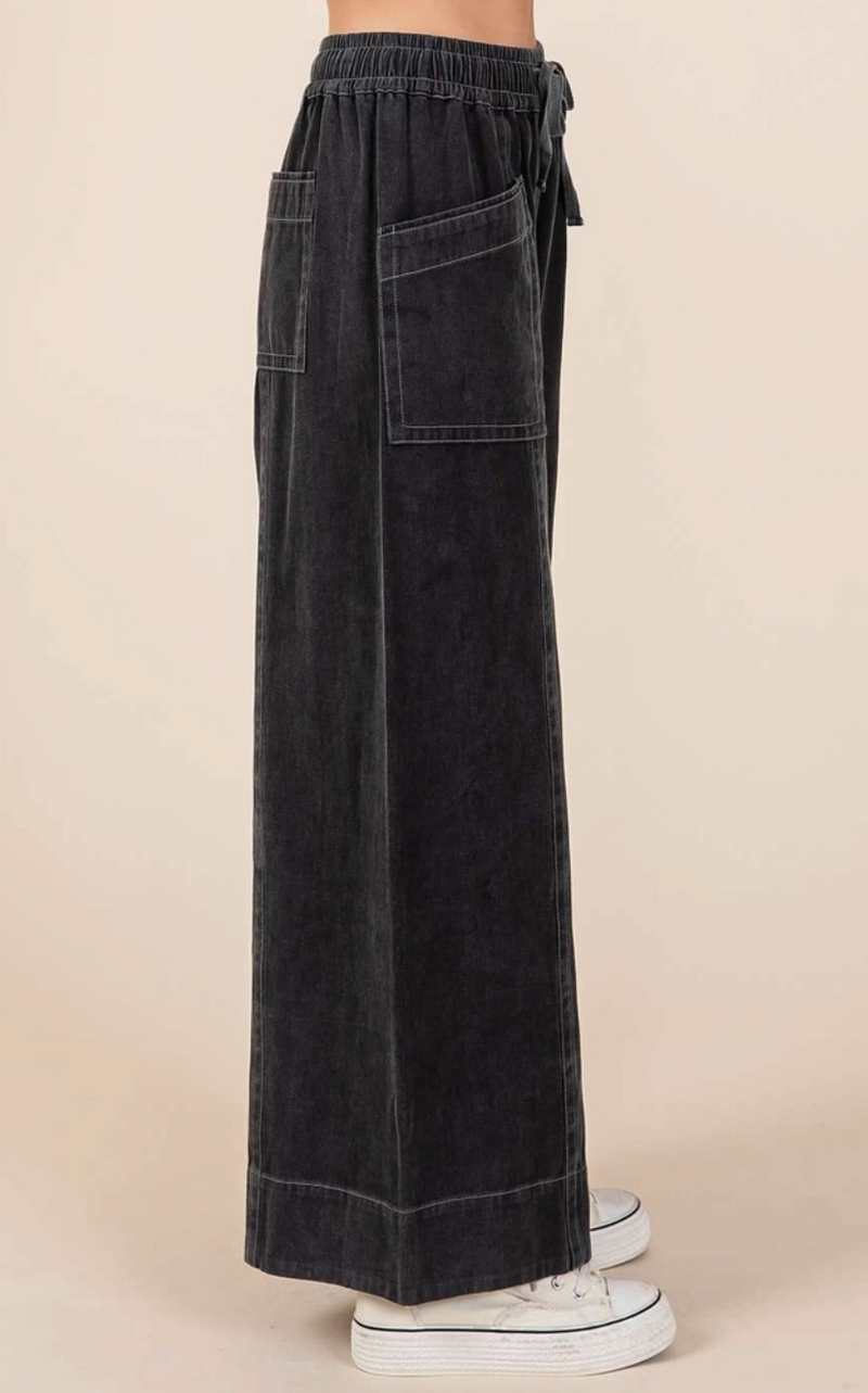 Black Mineral Wash Wide Leg Twill Pant
