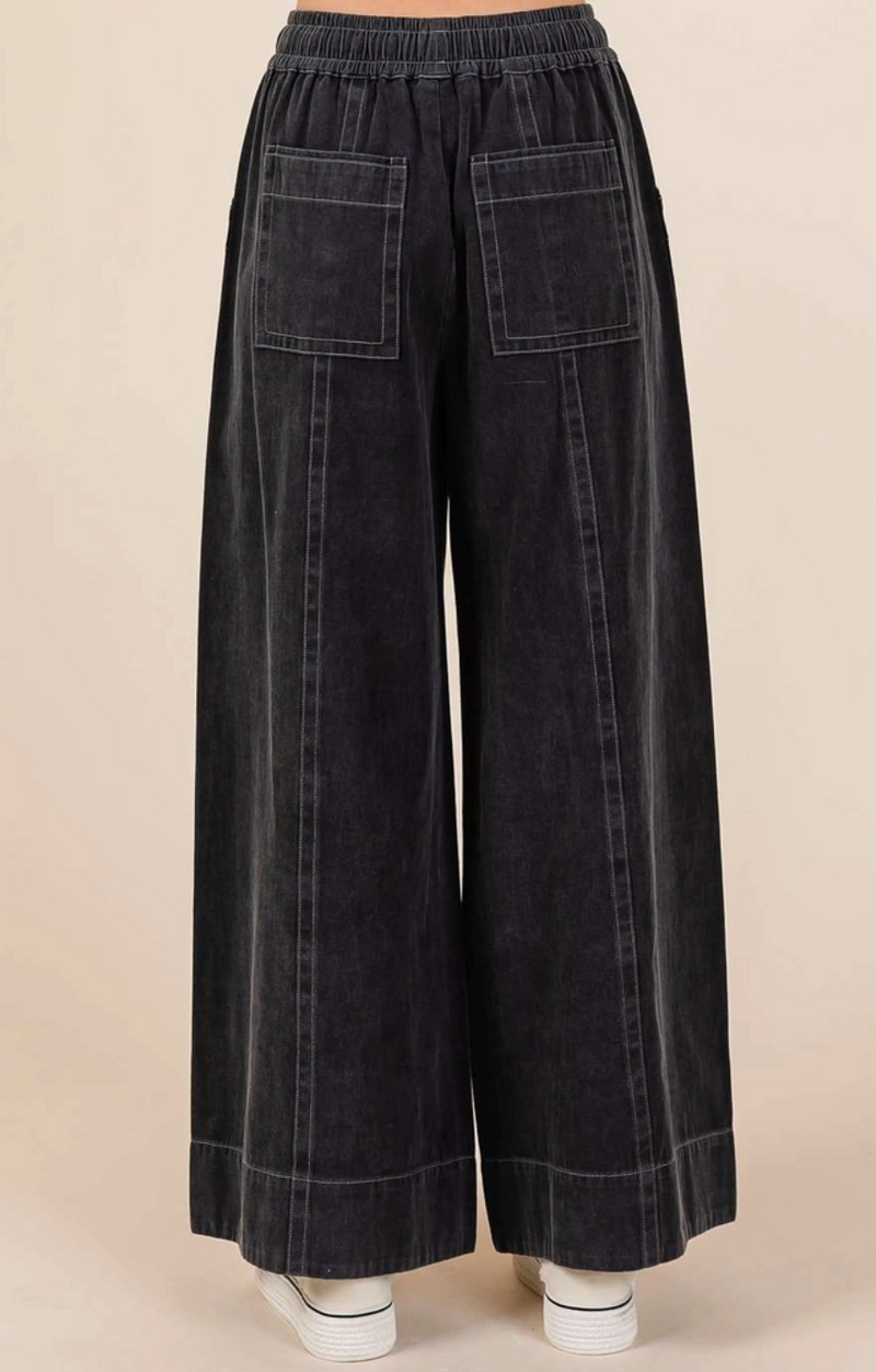 Black Mineral Wash Wide Leg Twill Pant
