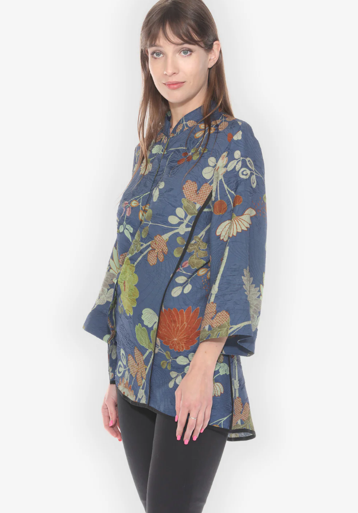 Garden in Blue Shaped Silk Blouse
