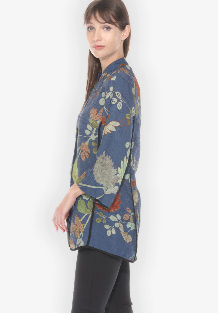 Garden in Blue Shaped Silk Blouse