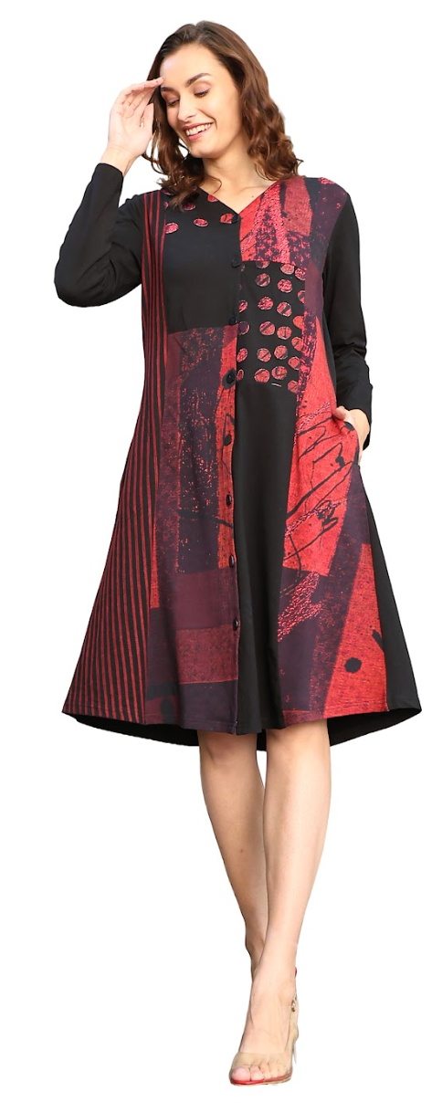 Red & Black Patch Shirt Dress