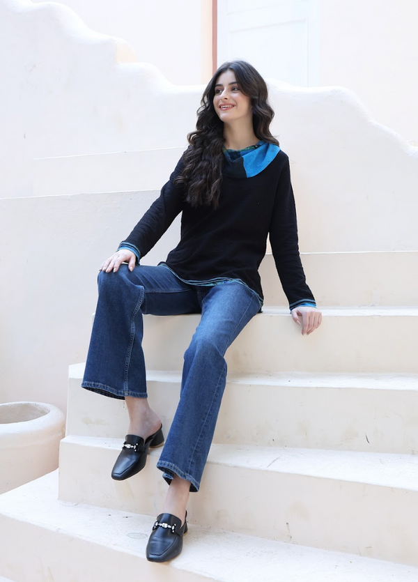 Black and Blue Cowl Top