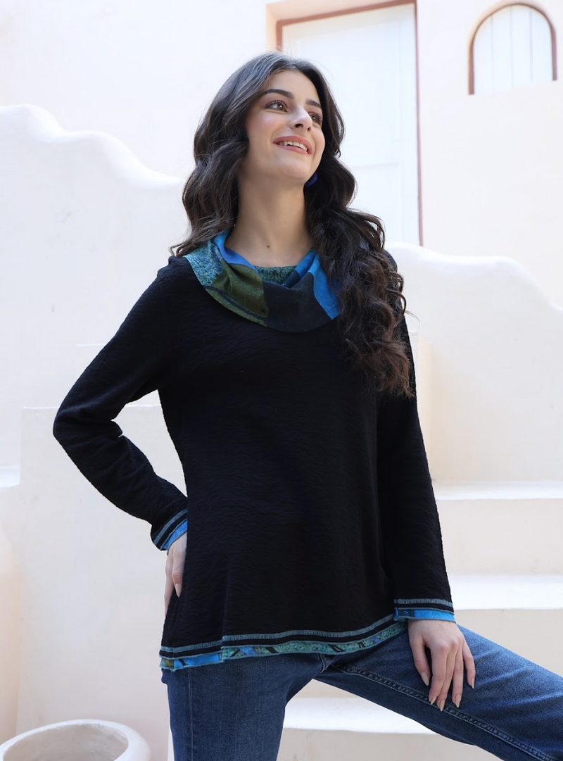 Black and Blue Cowl Top