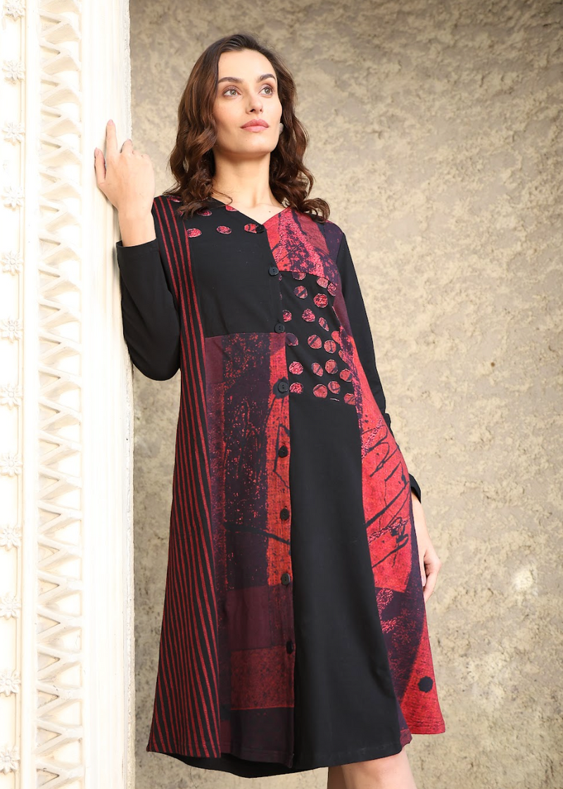 Red & Black Patch Shirt Dress