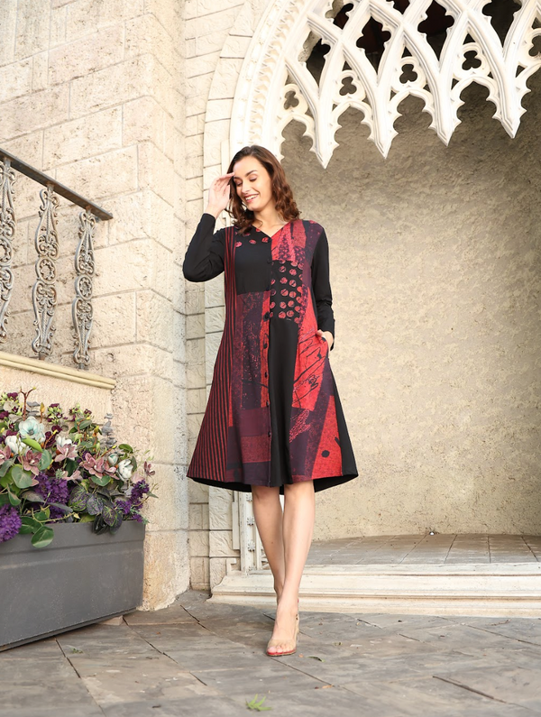 Red & Black Patch Shirt Dress