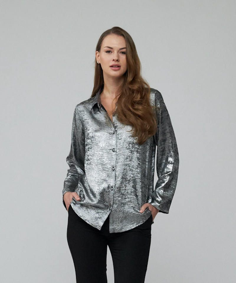 Metallic Silver Button Top