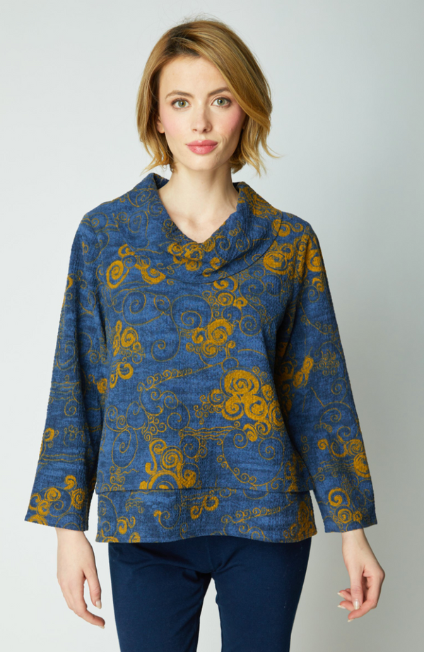 Navy Scroll Drape Neck Top