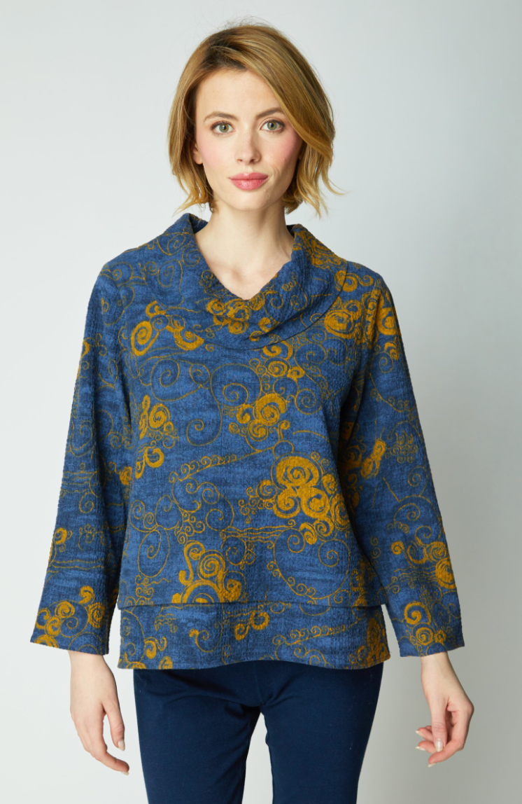 Navy Scroll Drape Neck Top