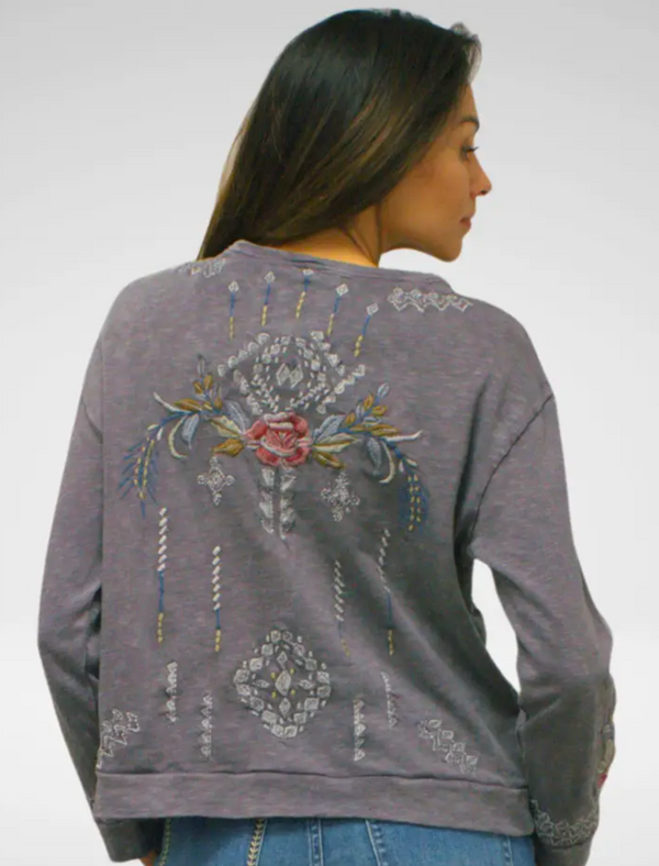 Grey Embroidered V-Neck Top