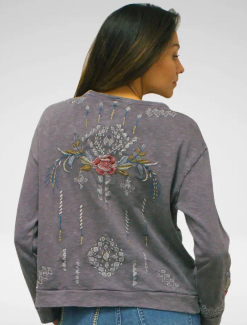 Grey Embroidered V-Neck Top