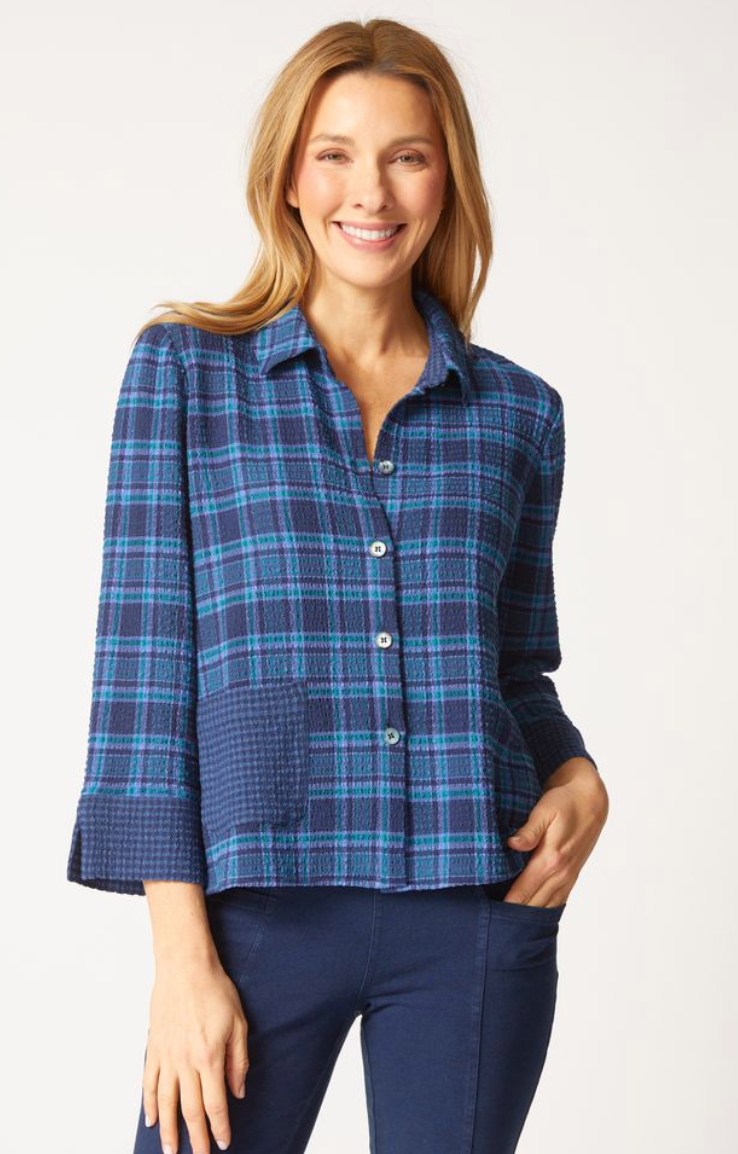 Navy Plaid One Pocket Top