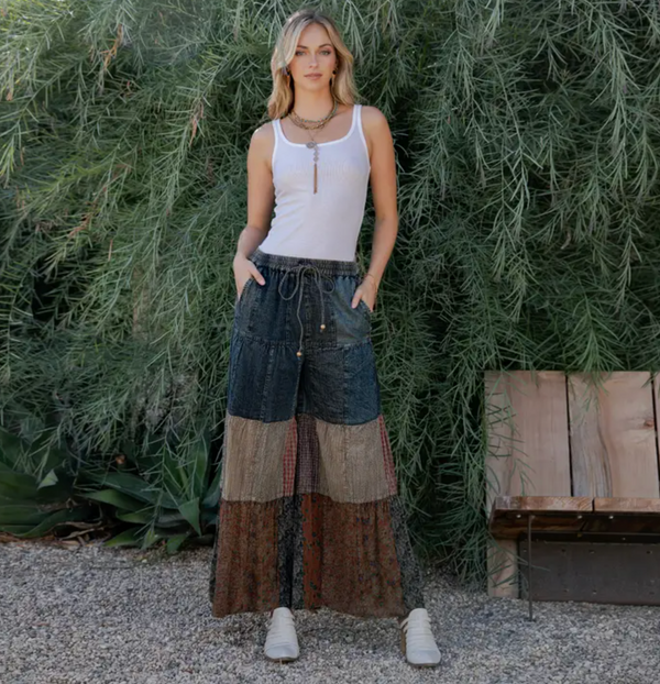 Tiered Patch Denim & Knit Pant