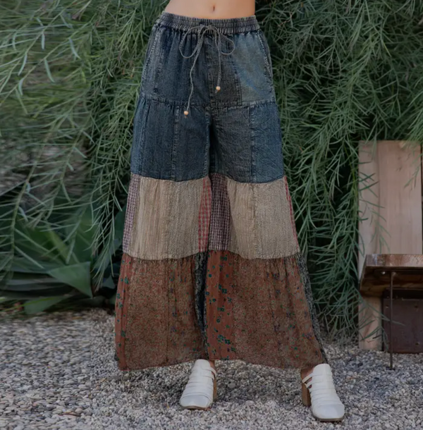 Tiered Patch Denim & Knit Pant