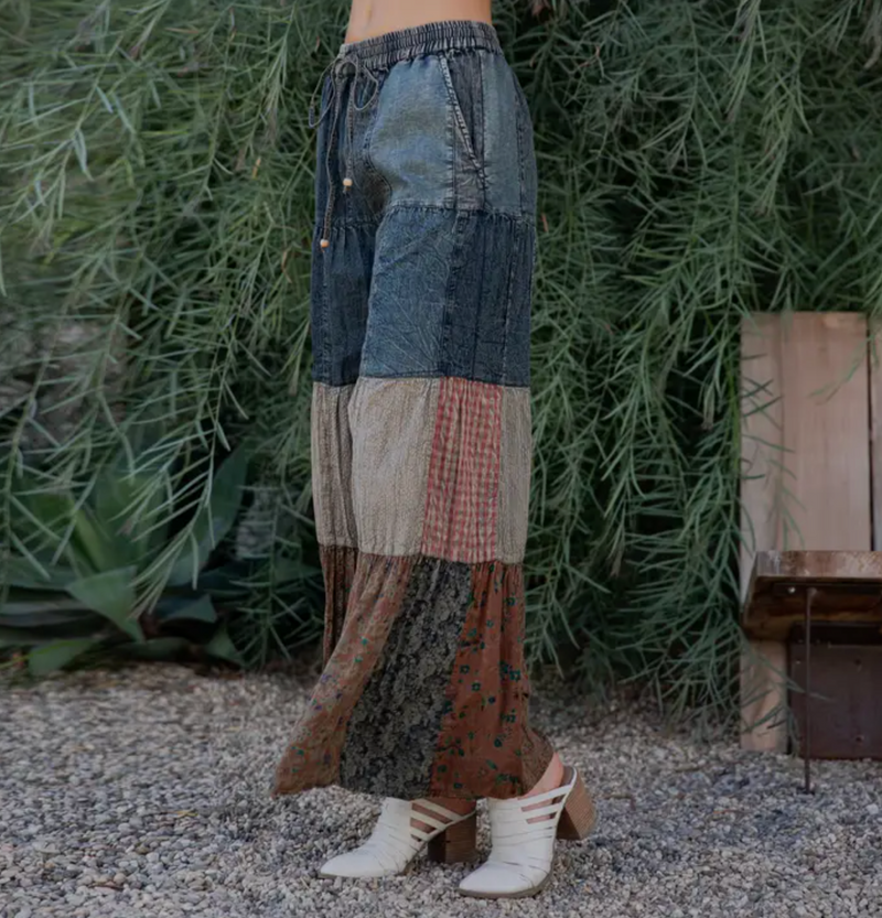 Tiered Patch Denim & Knit Pant