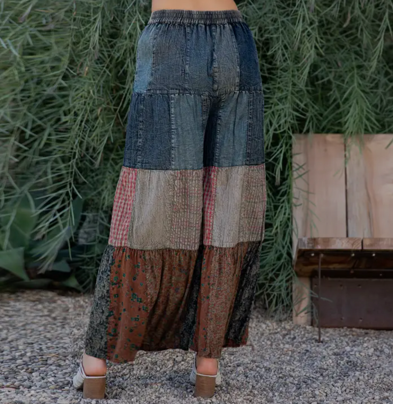 Tiered Patch Denim & Knit Pant