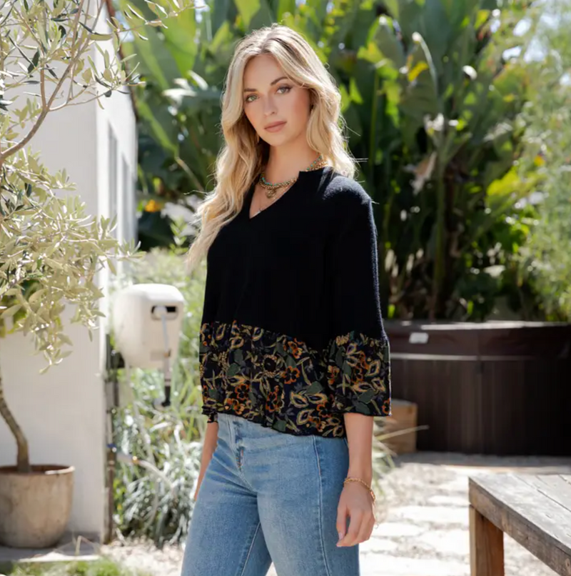 Black Sweater Knit Boho Top