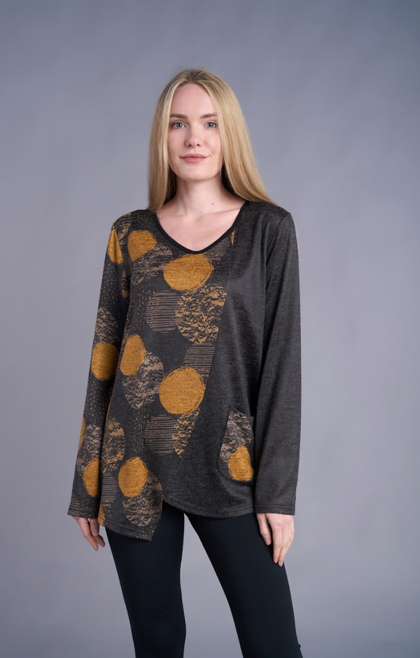 Mustard Grey Curved Hem Pocket Top