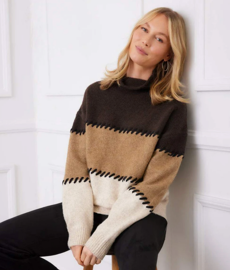 Stitch Mock Neck Colorblock Sweater