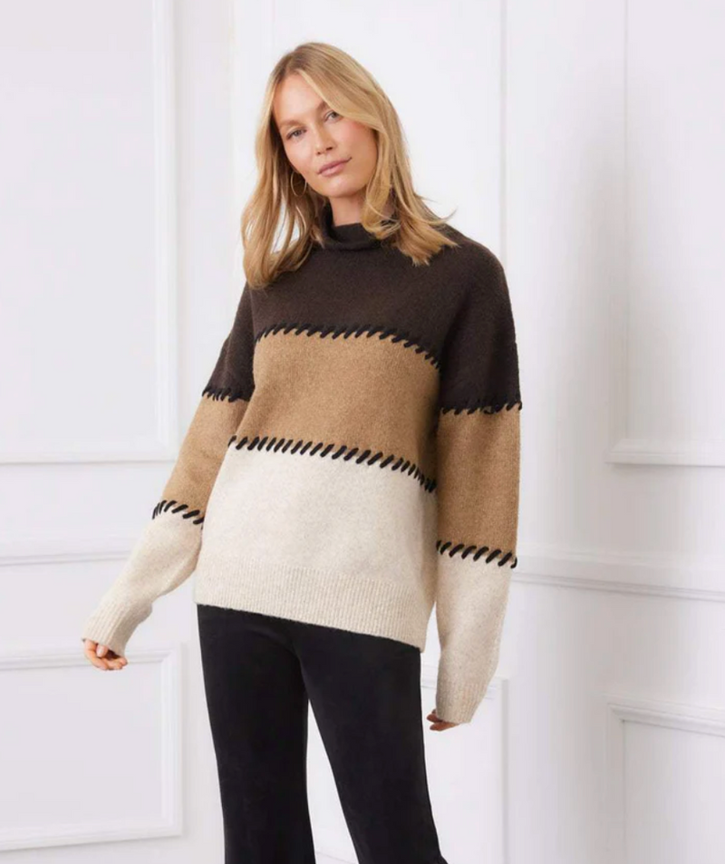 Stitch Mock Neck Colorblock Sweater