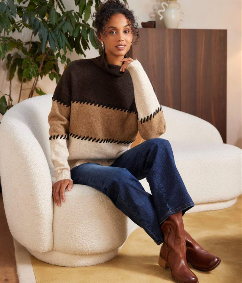 Stitch Mock Neck Colorblock Sweater
