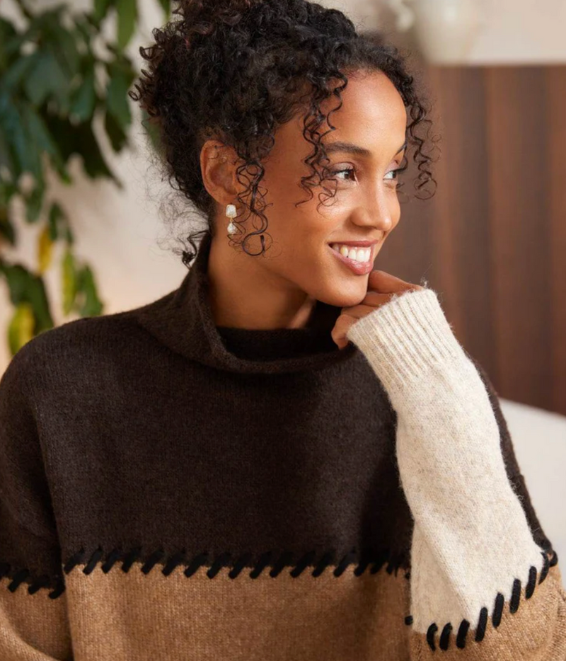 Stitch Mock Neck Colorblock Sweater