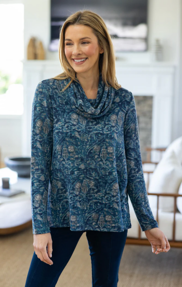 Blue Ink Fleece Cowl Neck Top