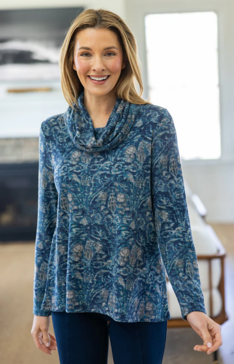Blue Ink Fleece Cowl Neck Top