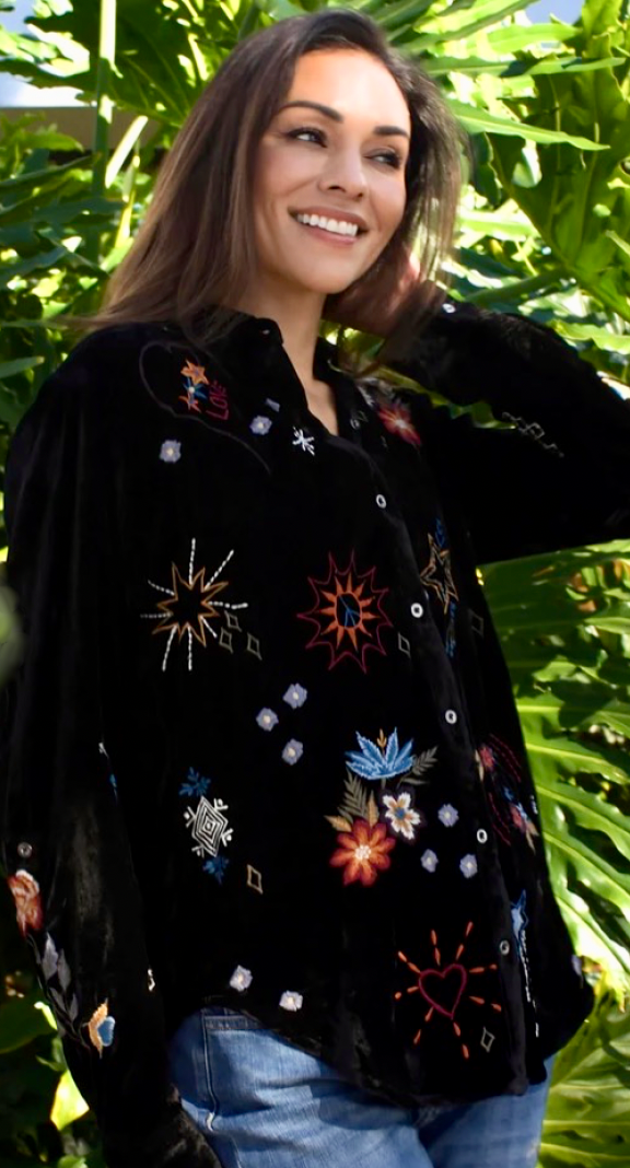 Black Button Velvet Tunic Top
