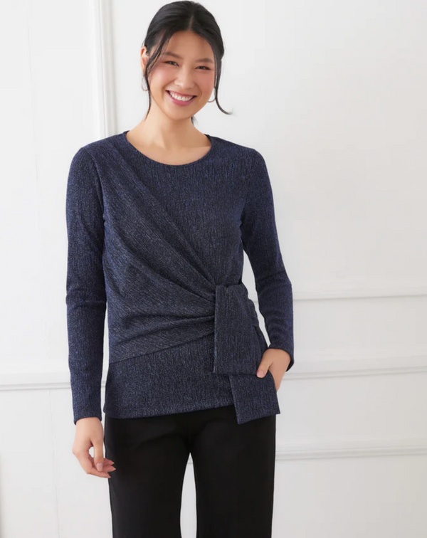 Navy Metallic Knit Side-Tie Top